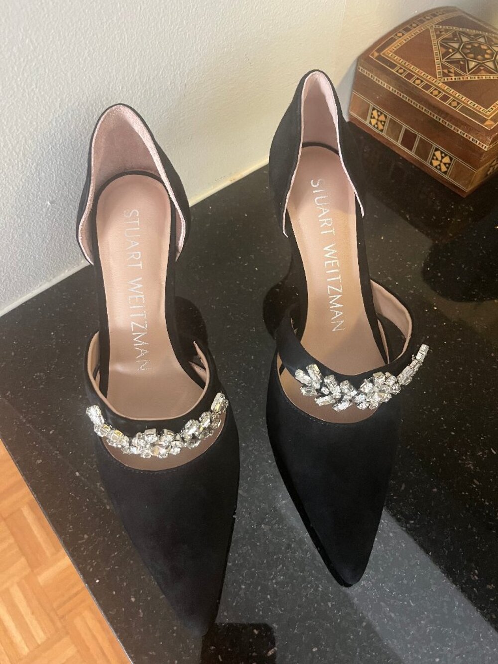 Stuart Weitzman Black Suede Crystal D’Orsay Pumps 36.5